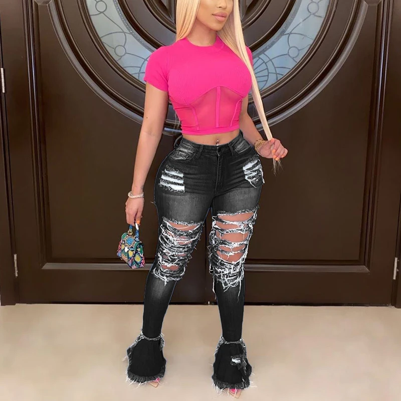 3 Colors Women Ripped Denim Bell Bottom Bodycon Jeans Slim Fit Solid Blue Distressed Pants ( No Stretch ) | Женская одежда