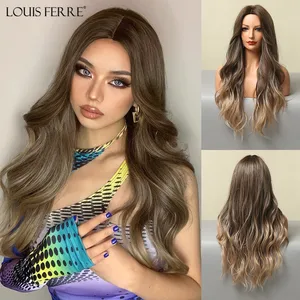 LOUIS FERRE Honey Brown Synthetic Wigs Heat Resistant Long Wave Middle Parted Hairstyle Ombre Blonde Wigs for White/Black Women