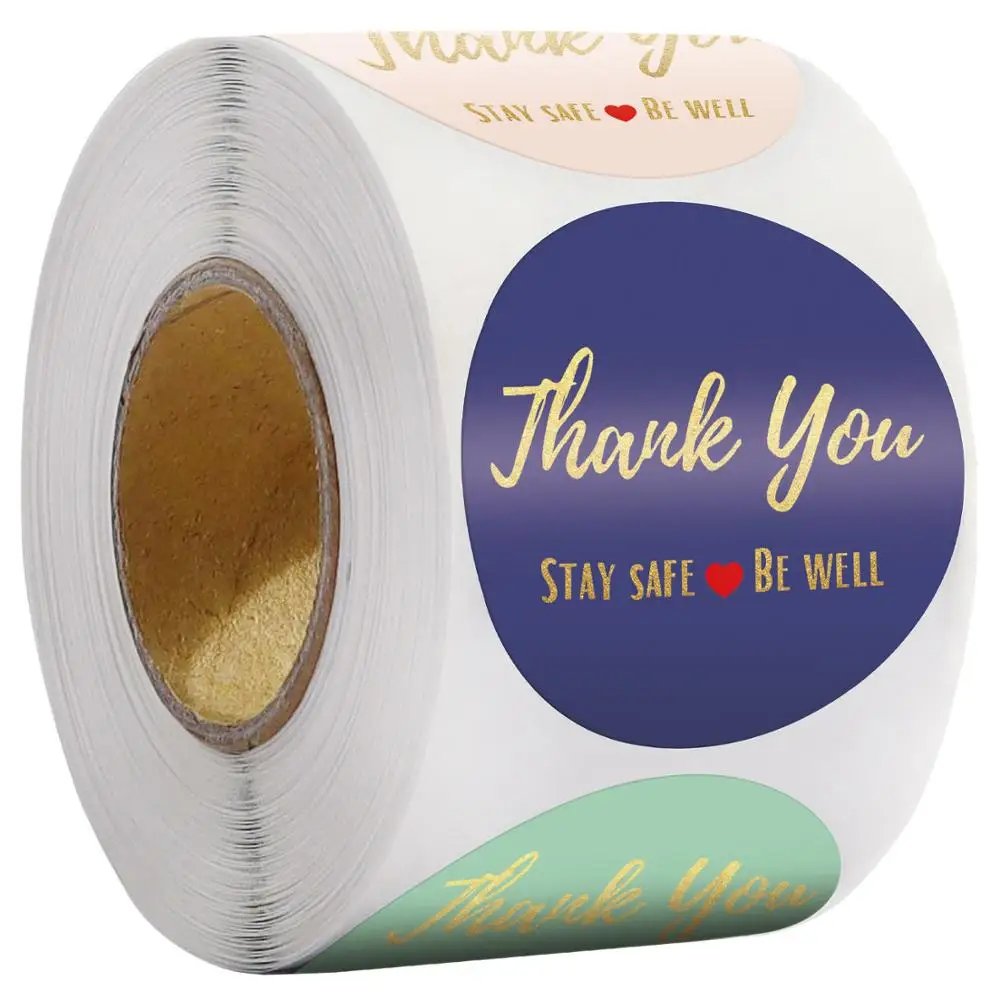 500pcs/roll Gold Foil Thank You Sticker Stationery Seals Labels Circle Stay Safe Be Well With Heart Handmade Sticker for Packing images - 6