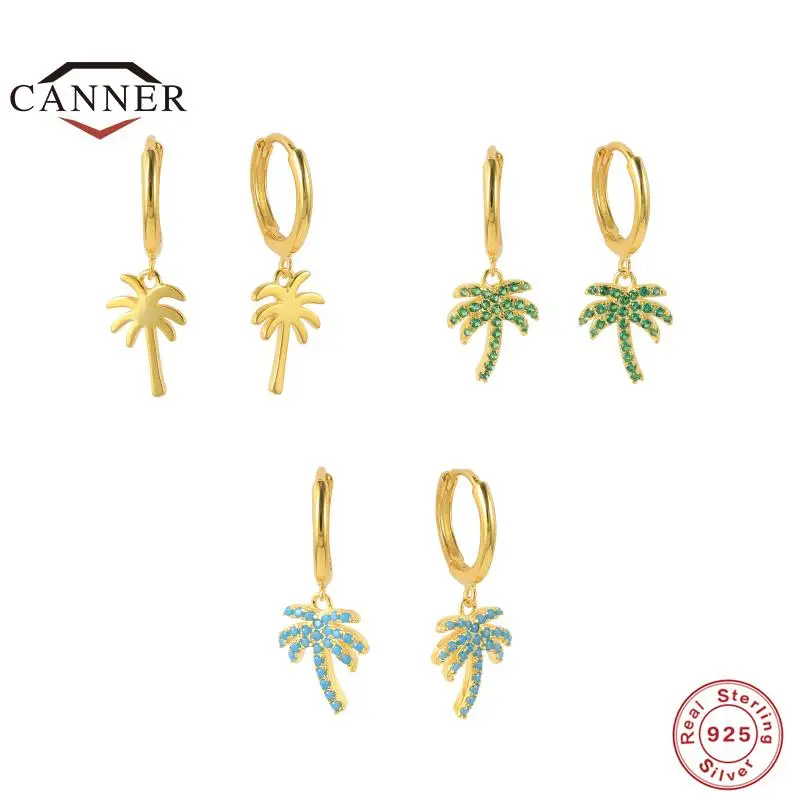

CANNER Colorful Zircon Korean Popular Coconut Tree Pendant Earings 925 Sterling Silver Piercing Drop Earrings Women Jewelry Gift
