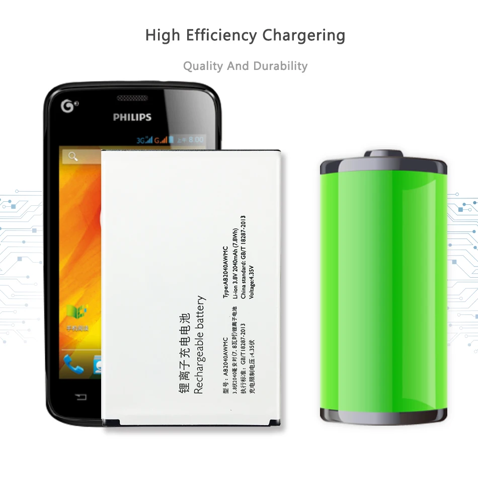 

For PHILIPS Xenium S399 CTS399 Replacement Battery AB2040AWMC 2040mAh with Track Code