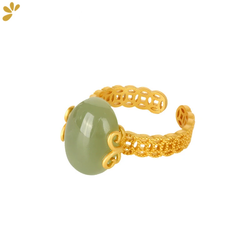 

925 Sterling Silver Gold Plated Oval Jasper Ring For Women Hetian Jade Hollow Craft Ancient Coin Open Rings Fine Jewelry Gift