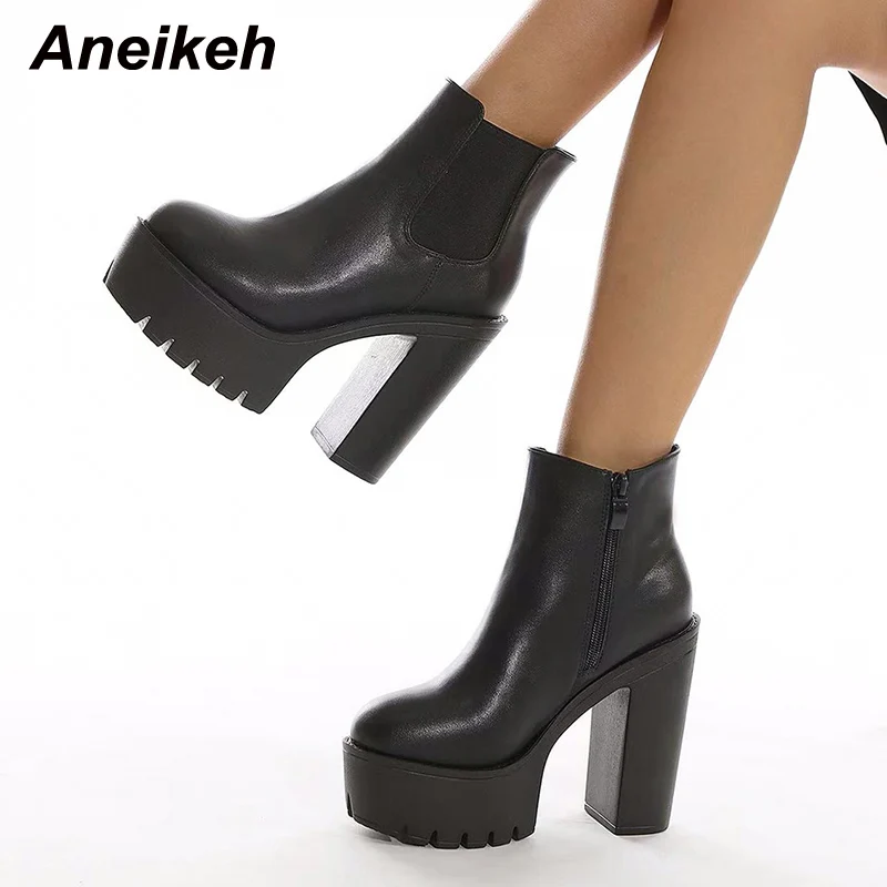 

Aneikeh Модные ПУ резинки круглый носок Платформа зимние сапоги 2021 квадратный каблук обувь для женщин повседневные на молнии женские ботинки ...