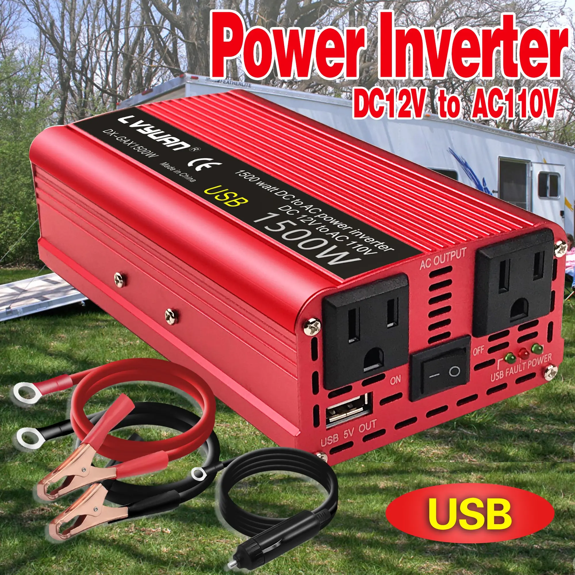 

12V To 220V 50Hz/110V 60Hz 1500W Peak Dual USB For Modified Sine Wave Portable Car Charger Converter Adapter Power Inverter