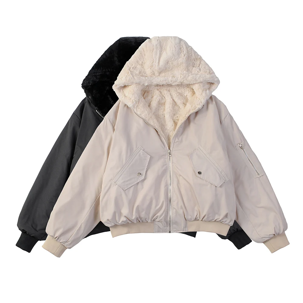 Women's Double-Sided Plush Hooded Flight Jacket Loose Cotton Padded Jacket Fall Winter Coat Cotton-Padded Jacket