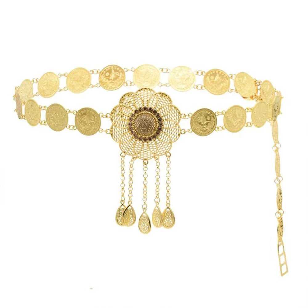 

Fashion Gold Coins Long Tassel Crystal Flower Waist Belly Chains Boho Thai Arab Afghan Ethnic Costumes Belts Indian Body Jewelry