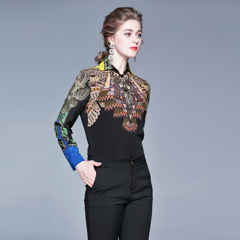 

LUKAXSIKAX 2020 New Spring Autumn Women Shirt Runway High Quality Retro Print Turndown Collar Long Sleeve Shirt Women Tops