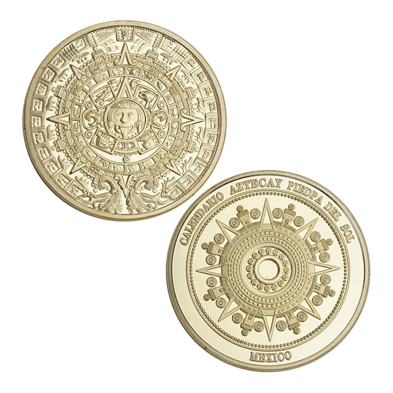 

Mayan gold-plated silver commemorative coin Mexico Aztec prophecy calendar souvenir home decoration round double-sided gold coin