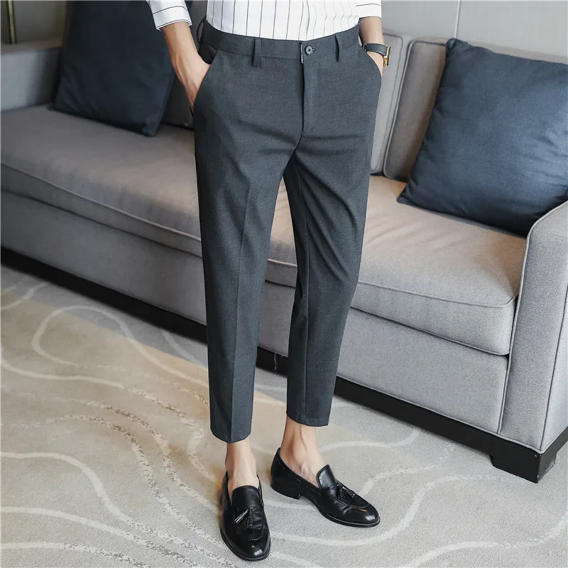 

2021 summer texture thin section drape men's embroidery nine-point trousers stretch feet casual pants dark gray