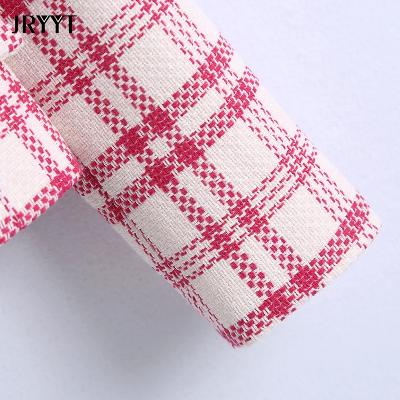 

Women's Elegant Long Sleeve Pink Plaid Blazer Slim Fit Double-Breasted Pocket Jacket Office Lady Retro Cropped Coat Autumn