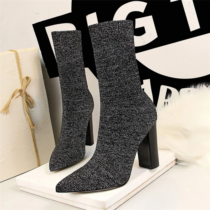 2019 женские Фетиш-сапоги с вязаными носками короткие ботильоны на высоком каблуке