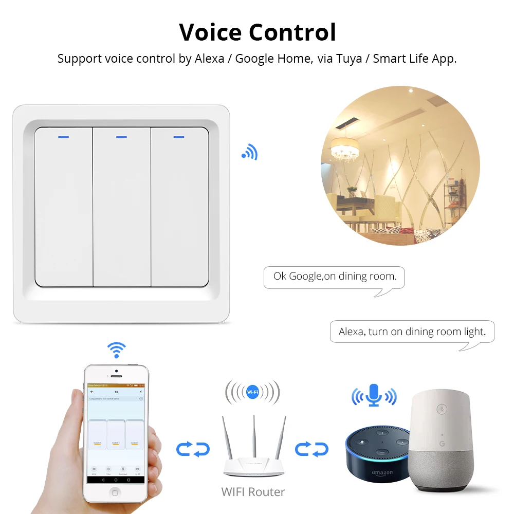 Zemismart ЕС WiFi настенный светильник с переключателем Alexa Google Home TUYA APP Control One Gang Two Three