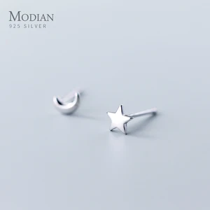 Серьги-гвоздики женские из серебра 100% пробы, асимметричные, в виде звезды и Луны