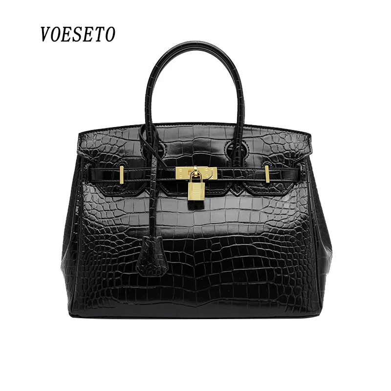 

Women's Retro Genuine Leather Imitation Brand Top Handle Crocodile Black Bag Luxury Designer Handbag Bags with Short Handles Hit