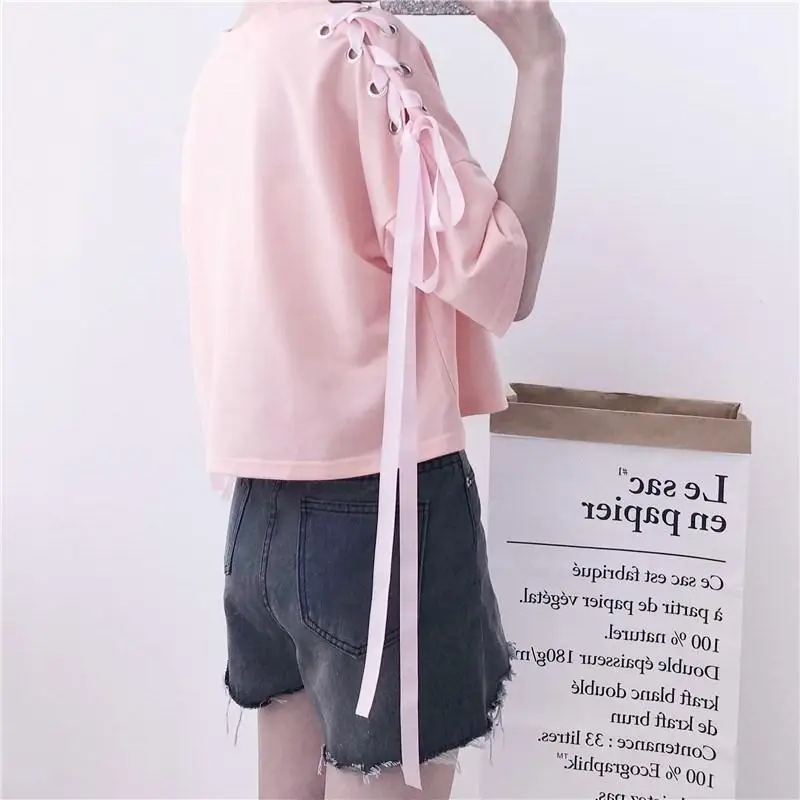 Весенне-осенний женский Укороченный свитшот с буквенным принтом на завязках