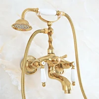 luxury polished gold color brass bathroom wall mounted clawfoot tub faucet taps set with hand held shower head spray mna821