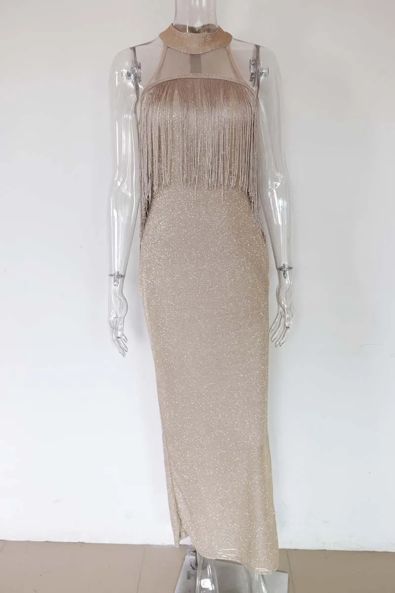 Bonnie Forest элегантный металлический знаменитости сексуальное платье макси ShoulderTassel детали Длинное Макси-платье рубашка Наряд для дня рождения