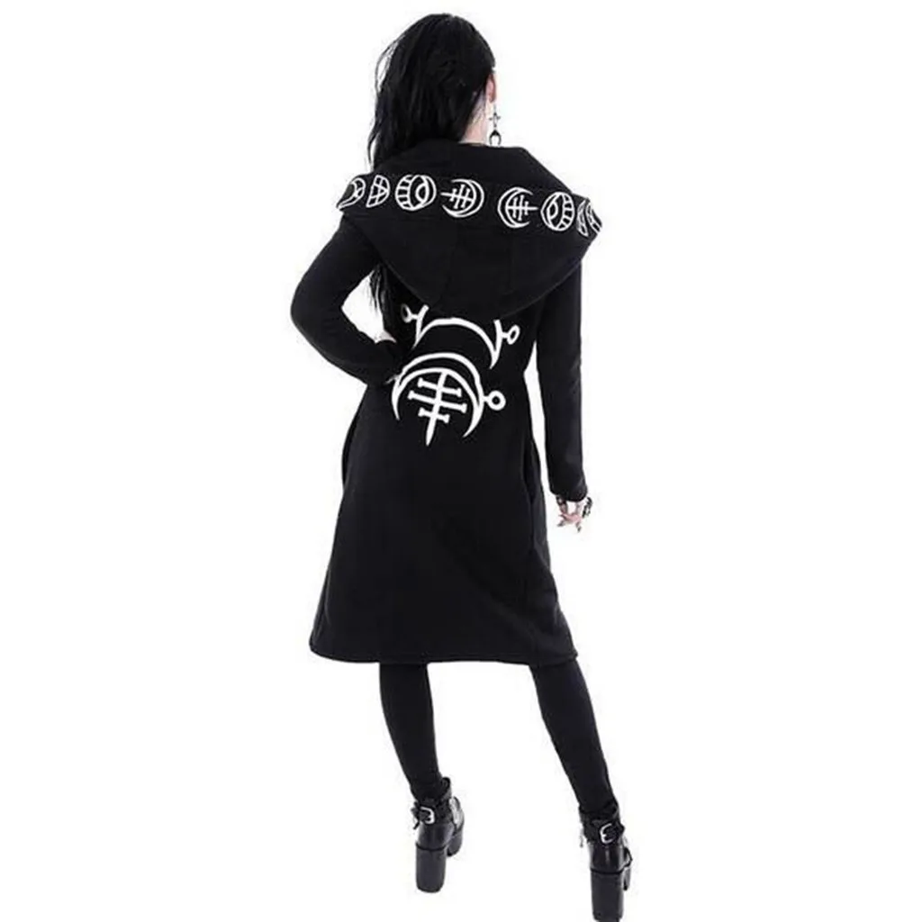 Female Jacket Hot print cardigan Black Long Sleeve Punk Moon Print Hooded Cardigan Coat Plus Size for Women cosplay 9.3 | Женская одежда