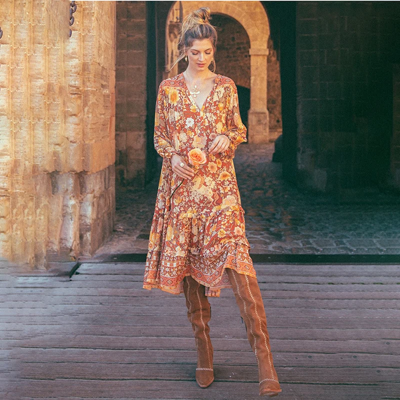 Женское винтажное длинное платье в стиле бохо с цветочным принтом и v образным