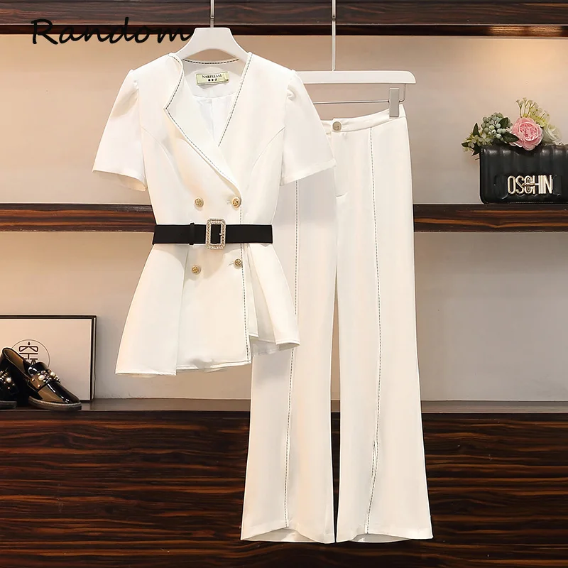 

Plus Size Women Blazer Work Suit Jacket Coat Top And Pant Two Piece Office Lady Matching Set OL 2021 Summer Clothing With Belt