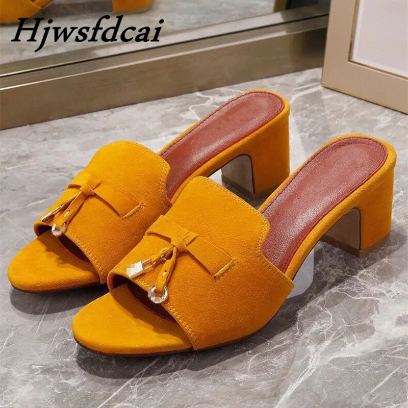 

Hjwsfdcai Summer Block Heel Slippers Kidsuede Leather Beach Shoes Peep Toes Fringe Metal Locked Women Slides Slip-on Lady Mules