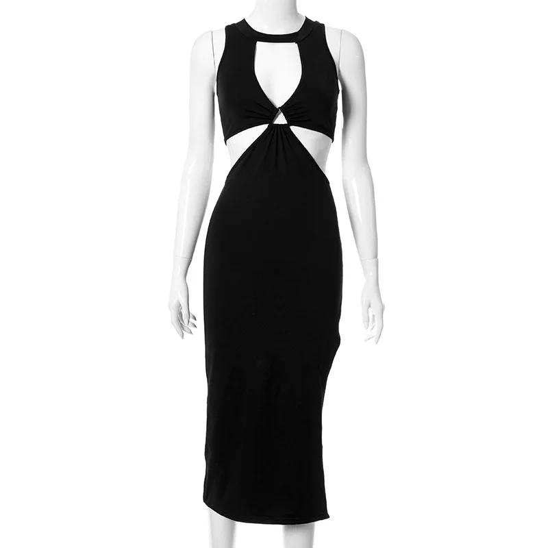 

Backless Bodycon Midi Dress Women Sexy Cut Out Square Neck High Waist Sundress Wrapped Hip Dresses 2021 Summer Black Split Robe