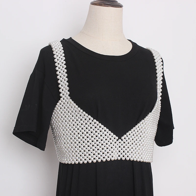 Women's Runway Fashion Pearl Knitted Vest Elastic Cummerbunds Female Dress Corsets Waistband Belts Decoration Wide Belt TB1658
