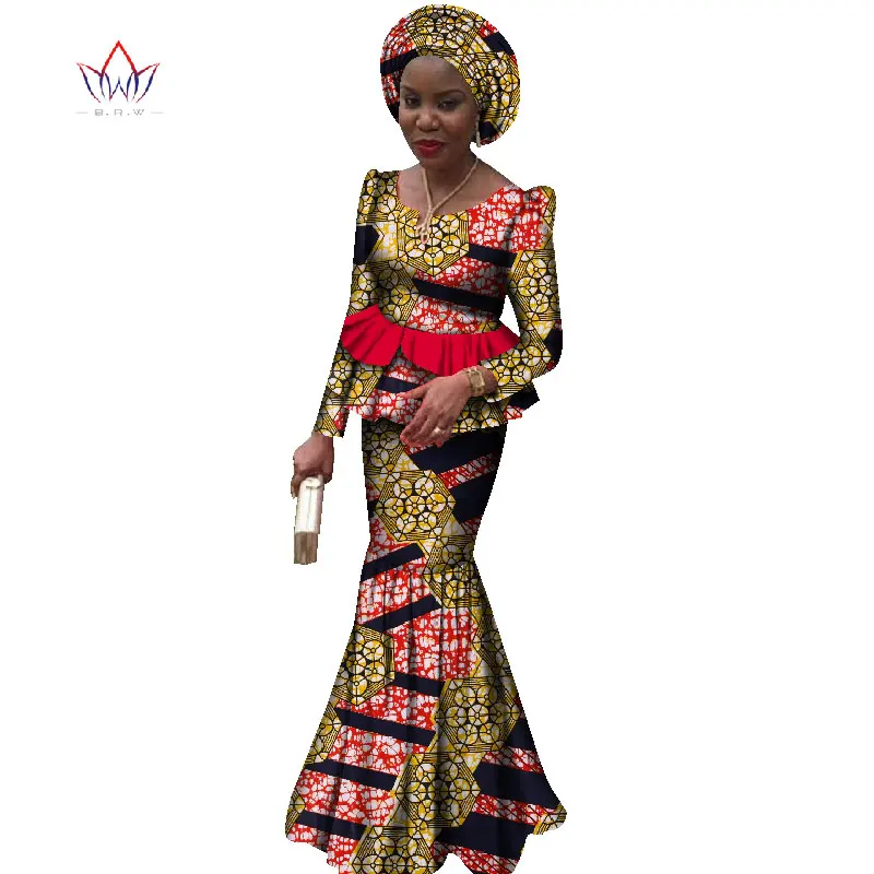 2021 New african dresses for women 2 pieces suit african traditional clothing dashiki robe femmes print cotton wax BRW WY1863