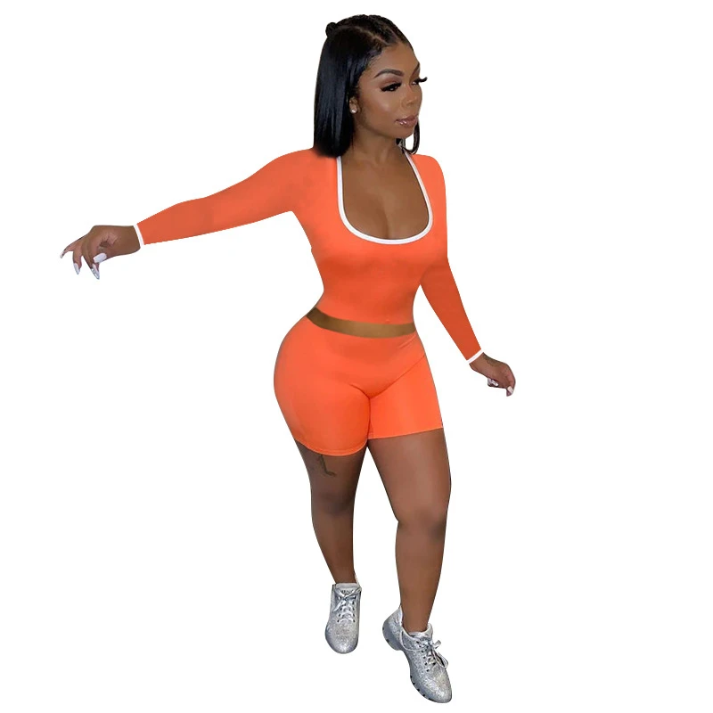 

Adogirl Color Patchwork Women Two Piece Set Jogging Suit High Stretchy Long Sleeve Shirt Crop Top Biker Shorts Autumn Tracksuit