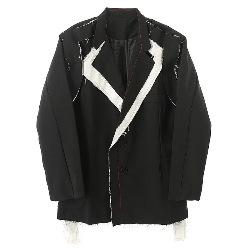 

Gothic Casual Black Blazers Men Fashion Designer Patchwork Loose Fit Single Breasted Suit Jacket 2021 Autumn Vintage Mens Coat