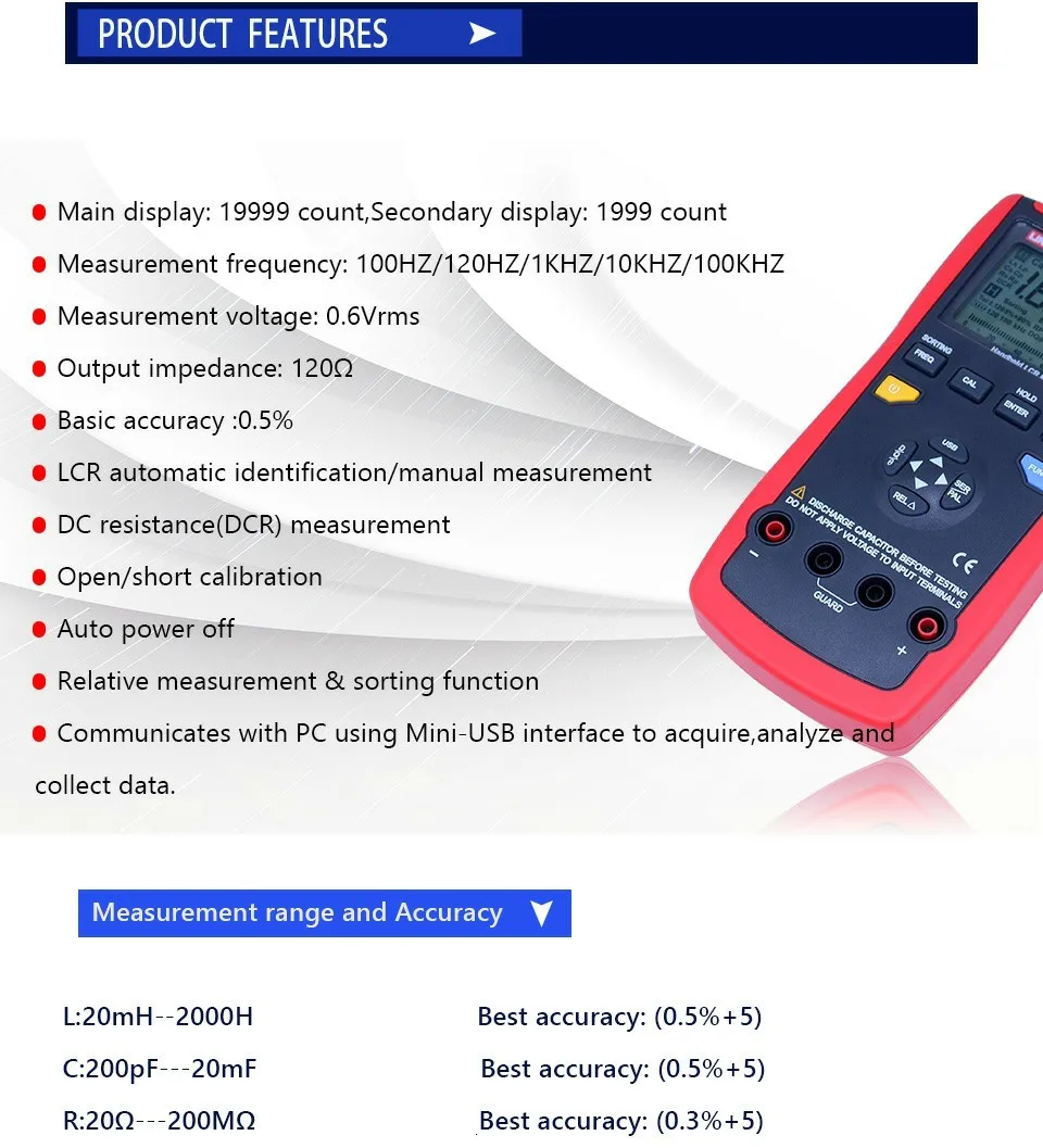 UNI-T UT612 USB интерфейс 20000 отсчетов частота индуктивности Тест отклонение коэффициент измерения LCR метров с коробкой