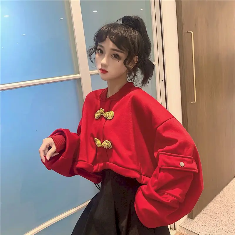 

Lantern Sleeve Sweatshirt Women Autumn 2021 New Fashion Chinese Style Retro Buckle Decoration Loose Drawstring Top Big Pocket