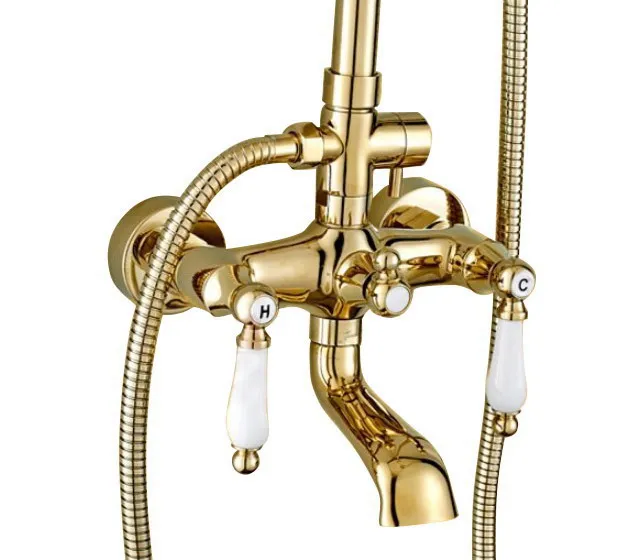Латунный настенный смеситель для душа золотого цвета с двойной ручкой ручного
