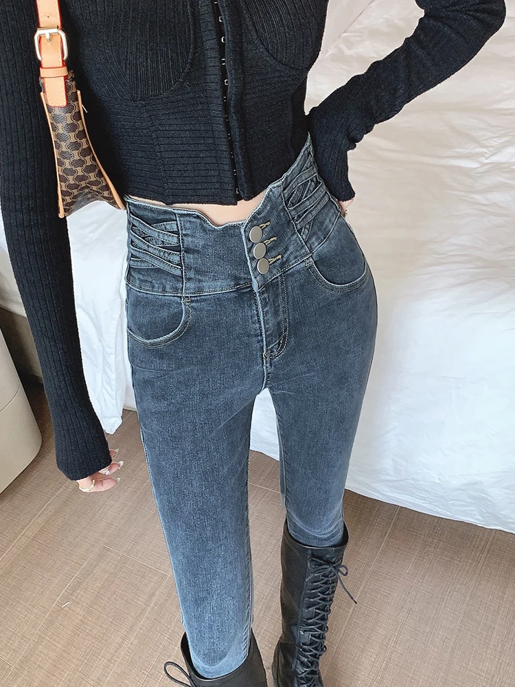 High Waist Skinny Jeans Women's Tight Three Breasted Fleece-Lined Thickened Design Sense Niche Fall/Winter Slim Stretch Slimming