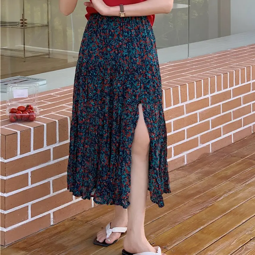 

Hzirip Party Summer Chiffon Florals Folds All Match 2021 Split Chic Stylish Casual OL Femme New Elegance Prom Slim Long Skirts