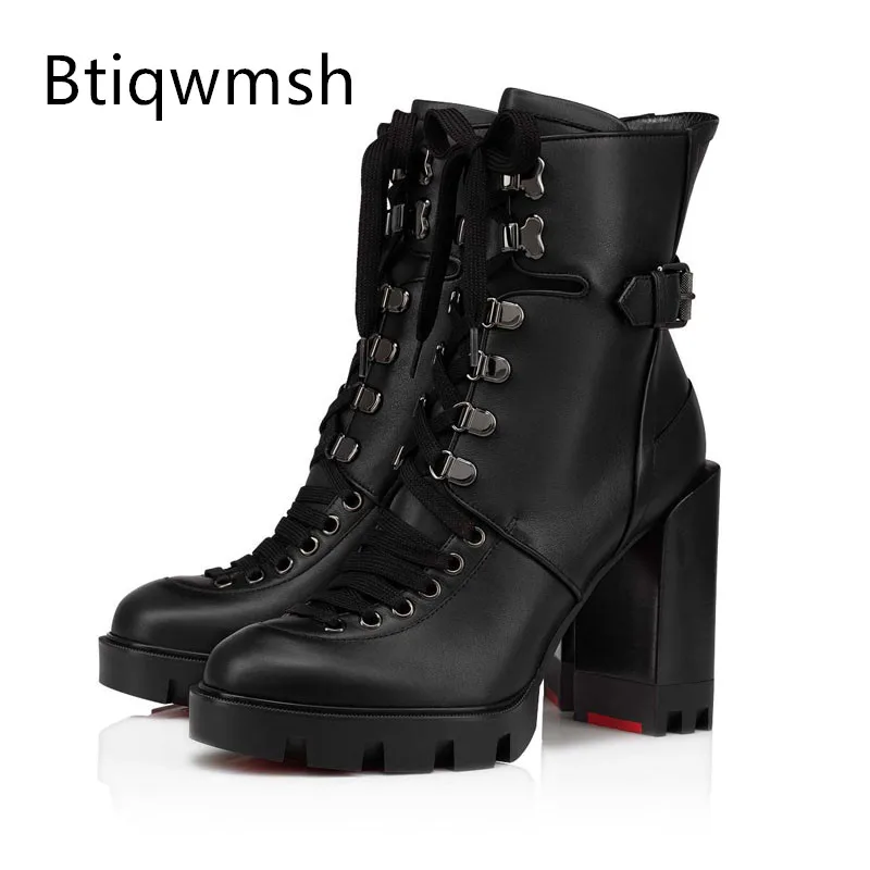 

Chic Design Ankle Boots Woman Pointed Toe Rivet Black Real Leather Lace Up Square High Heels Shoes Woman Sexy Short Boots