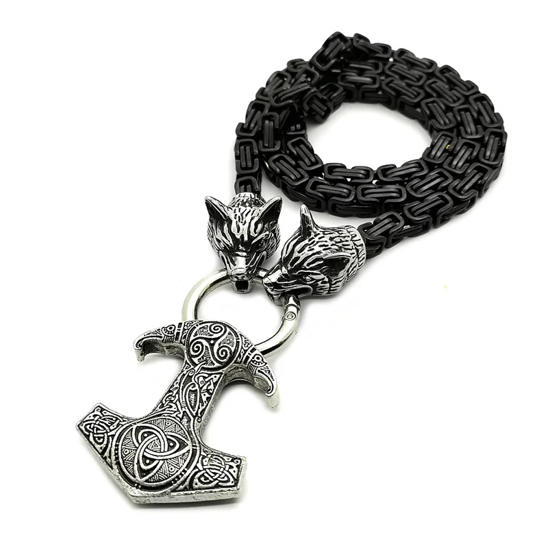 

Men Stainless Steel Wolf Head Chain with Nordic Viking Odin Crow Hammer Pendant Necklace Viking Black King Chain