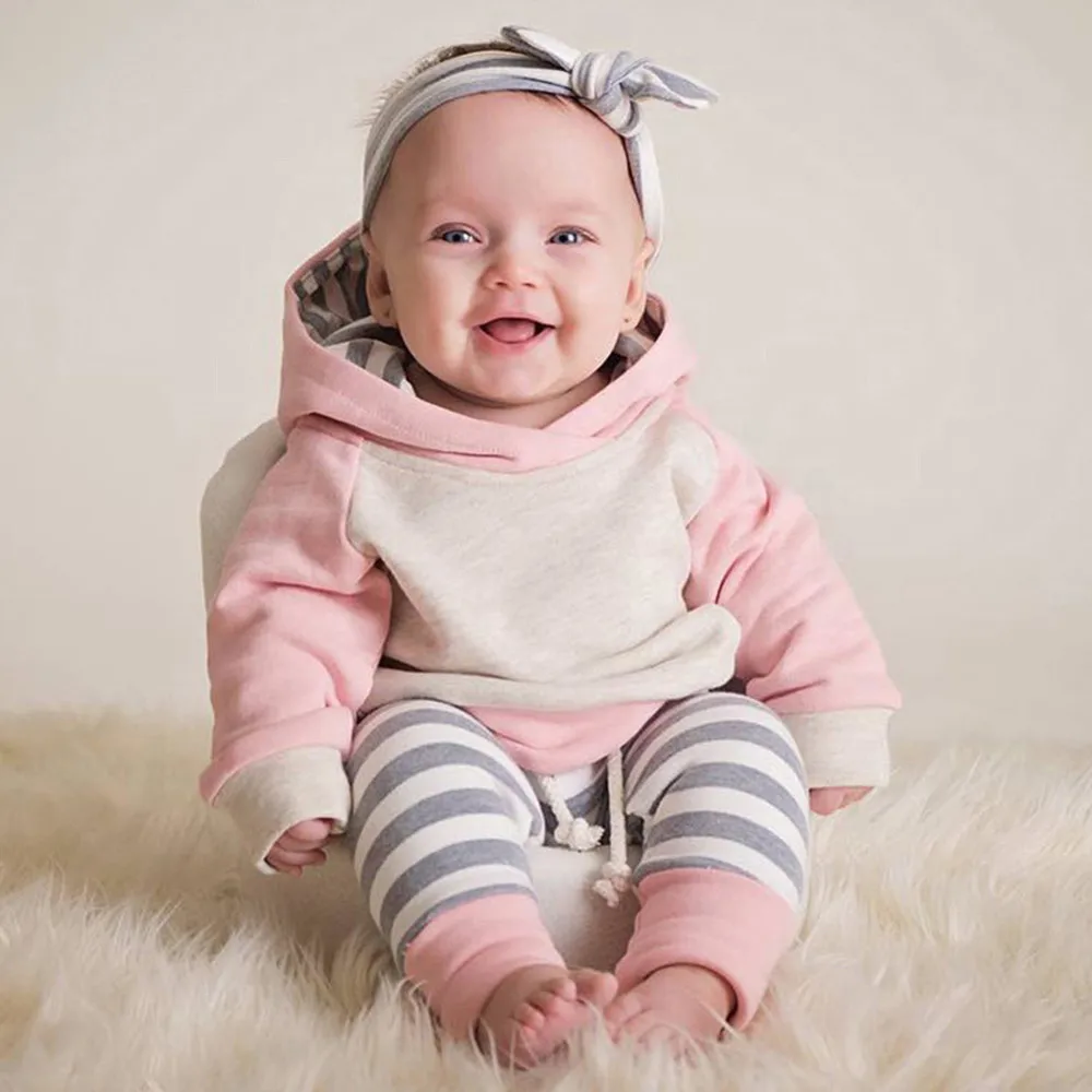 

Baby Boy Girl 3 PCS Clothing Sets Long Sleeve Hooded Sweatshirt Top + Striped Pants + Hat 0-24M Newborn Infant Outfit Set