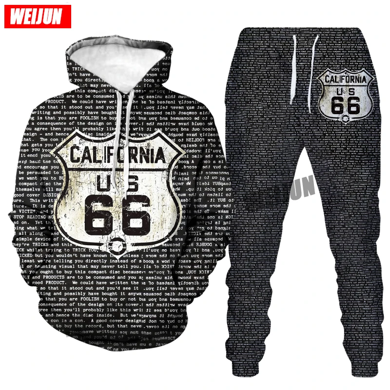 

3D Print 2021 Brother Sport Suits European American Trends Highway 66 Hoodies Sweat pants Casual Fashion Tracksuits
