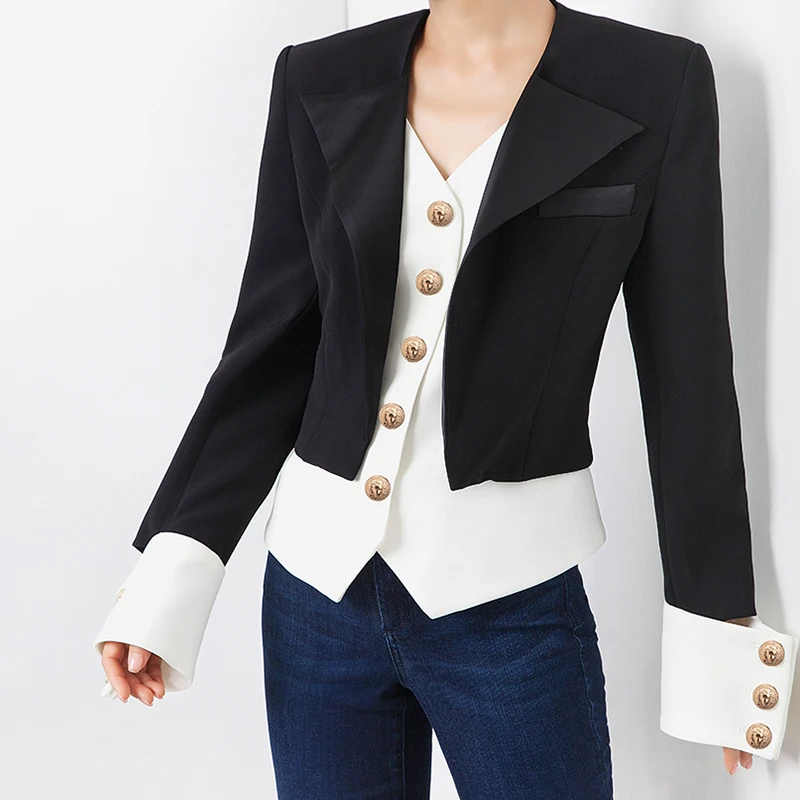 TWOTWINSTYLE Patchwork Hit Color Women's Coat V Neck Long Sleeve Single Breasted Korean Women's Autumn Jackets Fashion New