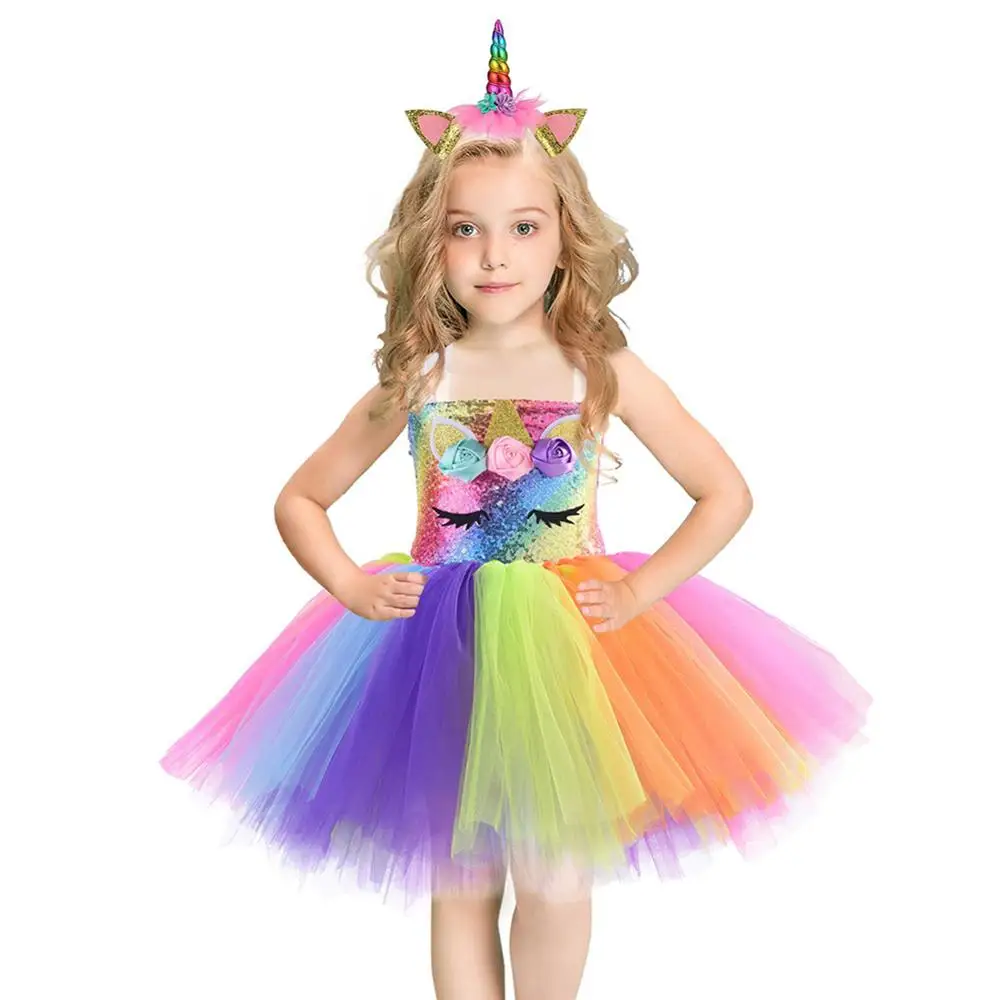 С цветочным узором для девочек Единорог Туту платье пастельных Радужное