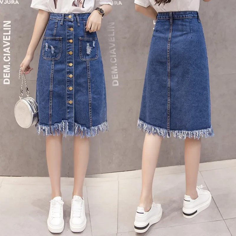 

Summer Women's Skirts High Waist Slim Mid-length Side Split Wild Blue Denim Fabric For Lady
