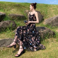 summer 2021 new floral chiffon dress french suspender skirt long skirt slim high thin temperament skirt