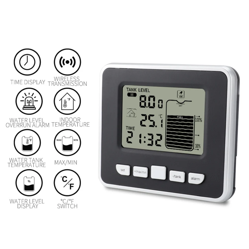 

Water Tank Liquid Depth Level Wireless Ultrasonic Meter Flow Sensor Monitor Kit LCD Temperature Display Measuring Tool