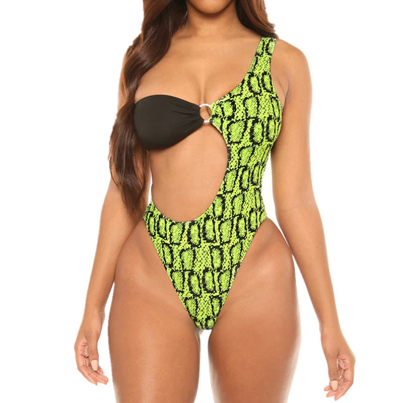 Женский цельный купальник со змеиным принтом купальный костюм с одним плечом