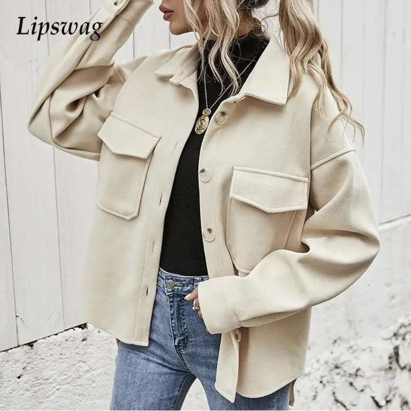 

Autumn Simple Solid Color Cotton Jackets Elegant Turn-down Collar Button Spring Coats Women Long Sleeve Pocket Overcoat Cardigan