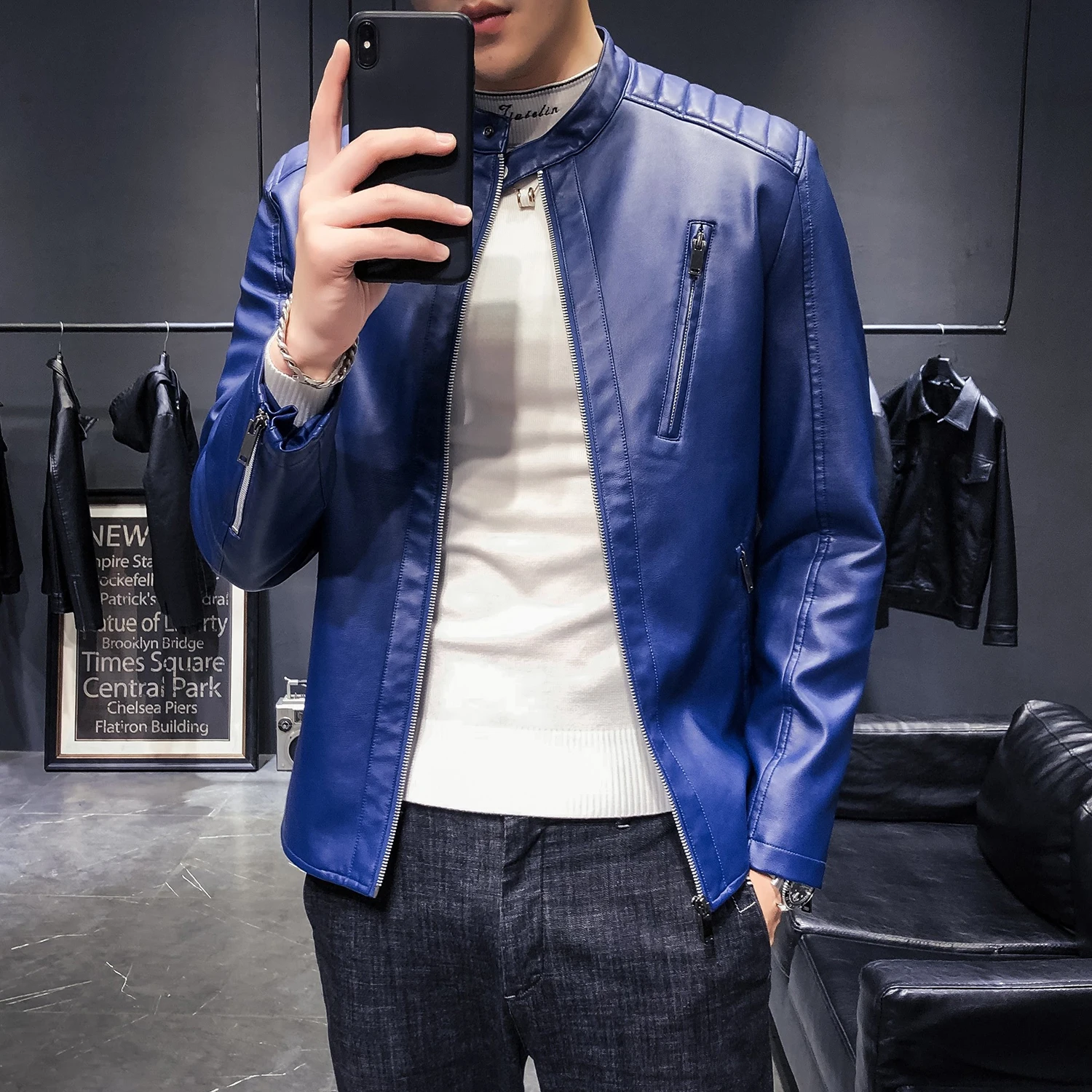 Осенне зимняя модная мужская куртка из искусственной кожи классическая с