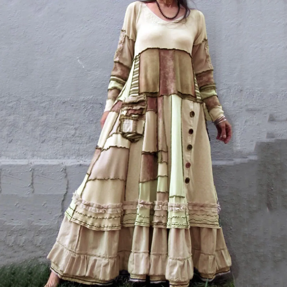 Лоскутное дизайнерское женское осеннее платье макси зимнее винтажное большого