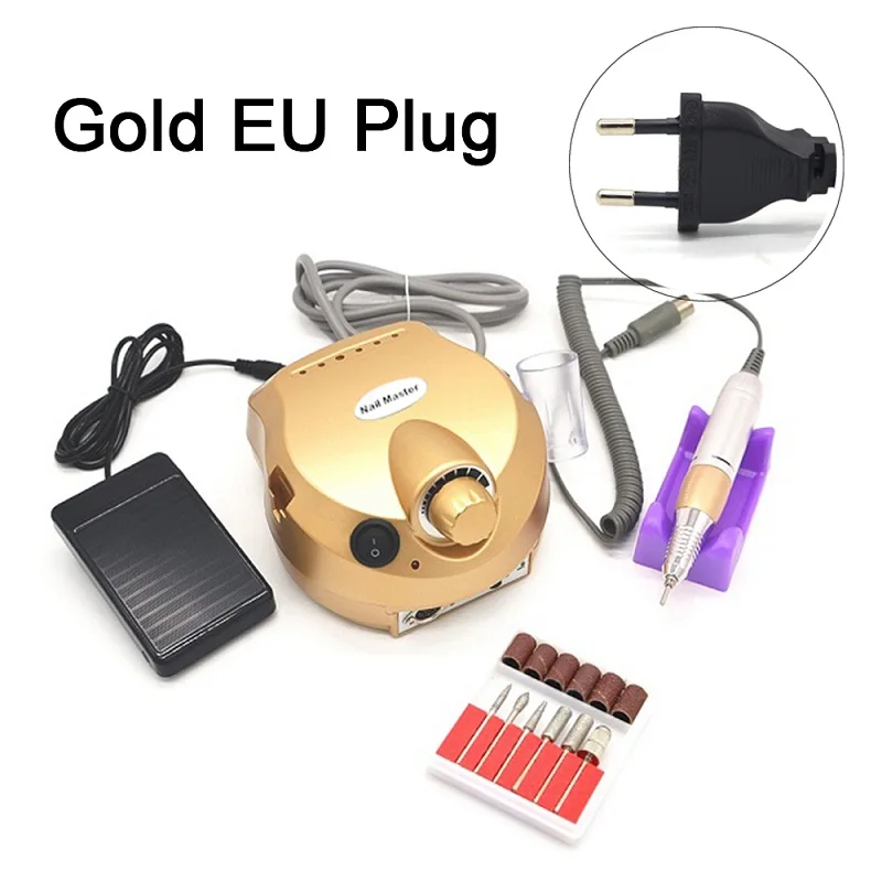 Gold EU 220V 110/220V 35000 об/мин Pro Электрический Фрезер для ногтей, фрезер инструмент бит, маникюр, машинка для маникюра, Kit Pro салон дома ногтей комплект инструментов для маникюра красный Фрезер для ногтей, сверлильный - Цвет: Gold EU 220V