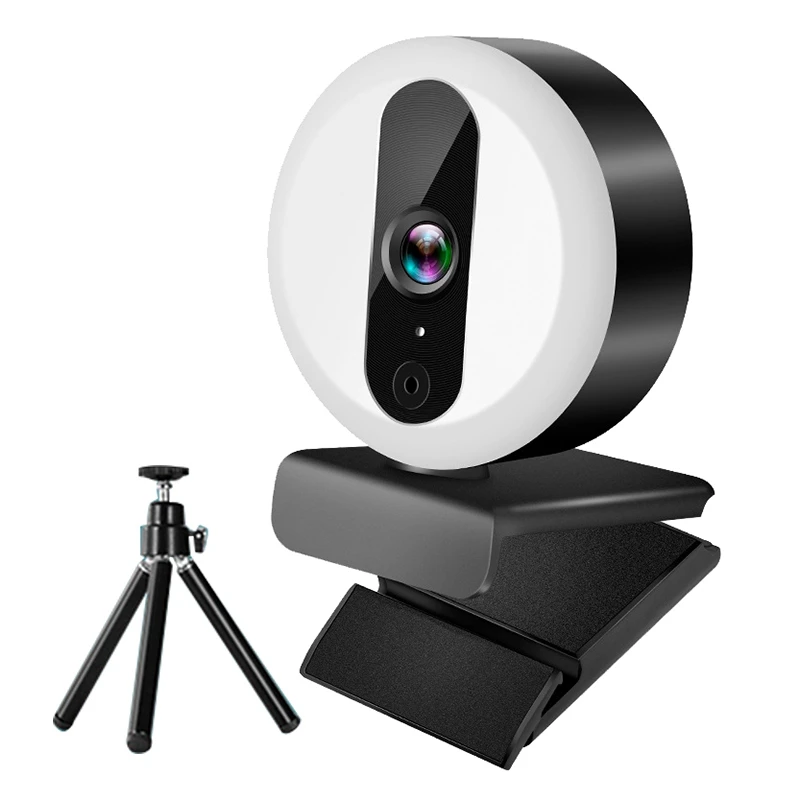 

2K Webcam with Contact Ring Light, Tripod Noise Reduction Microphone Plug and Play USB Computer Camera